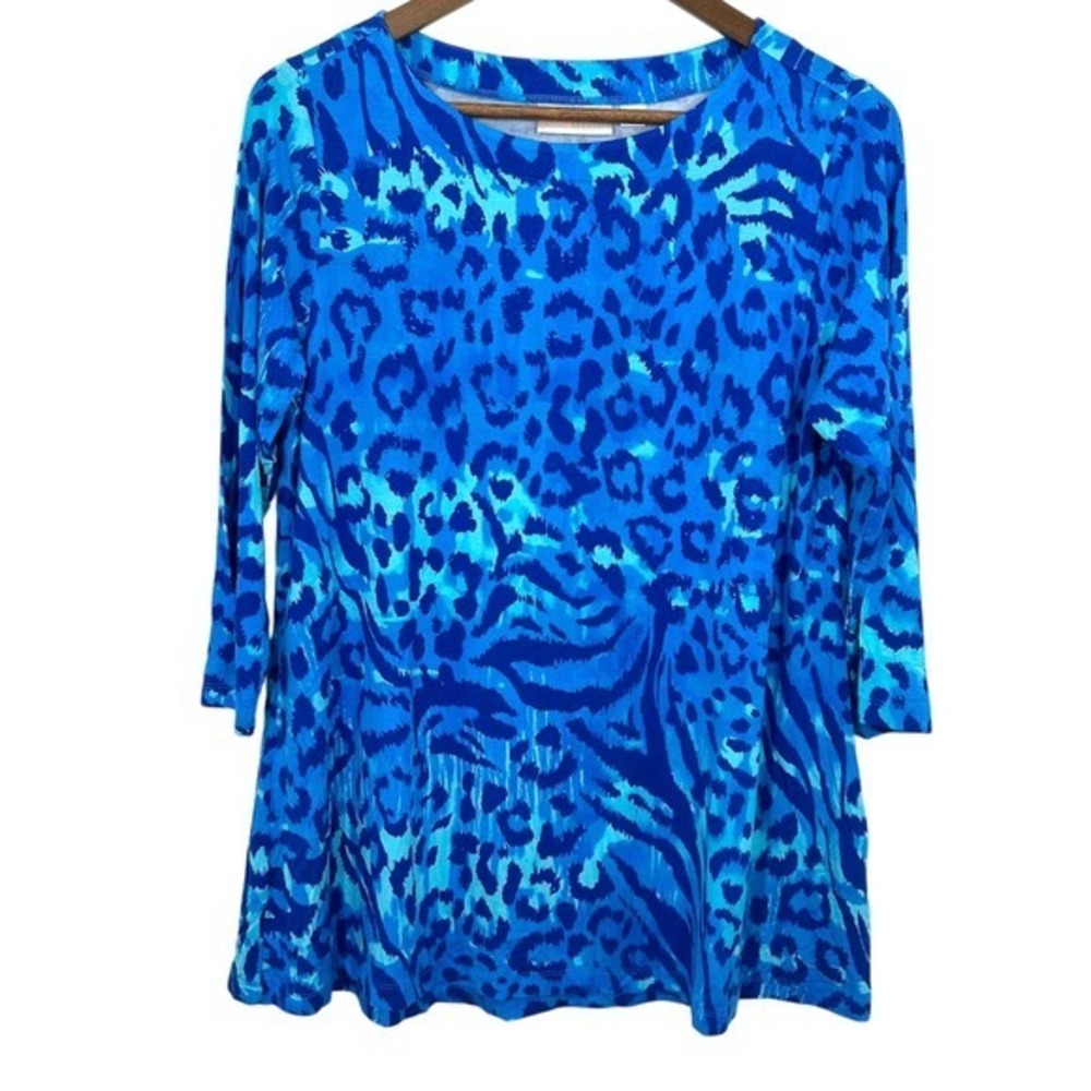 Belle by Kim Gravel Blue Animal Print 3/4 Sleeve Tunic Top Size S Stretch Jersey